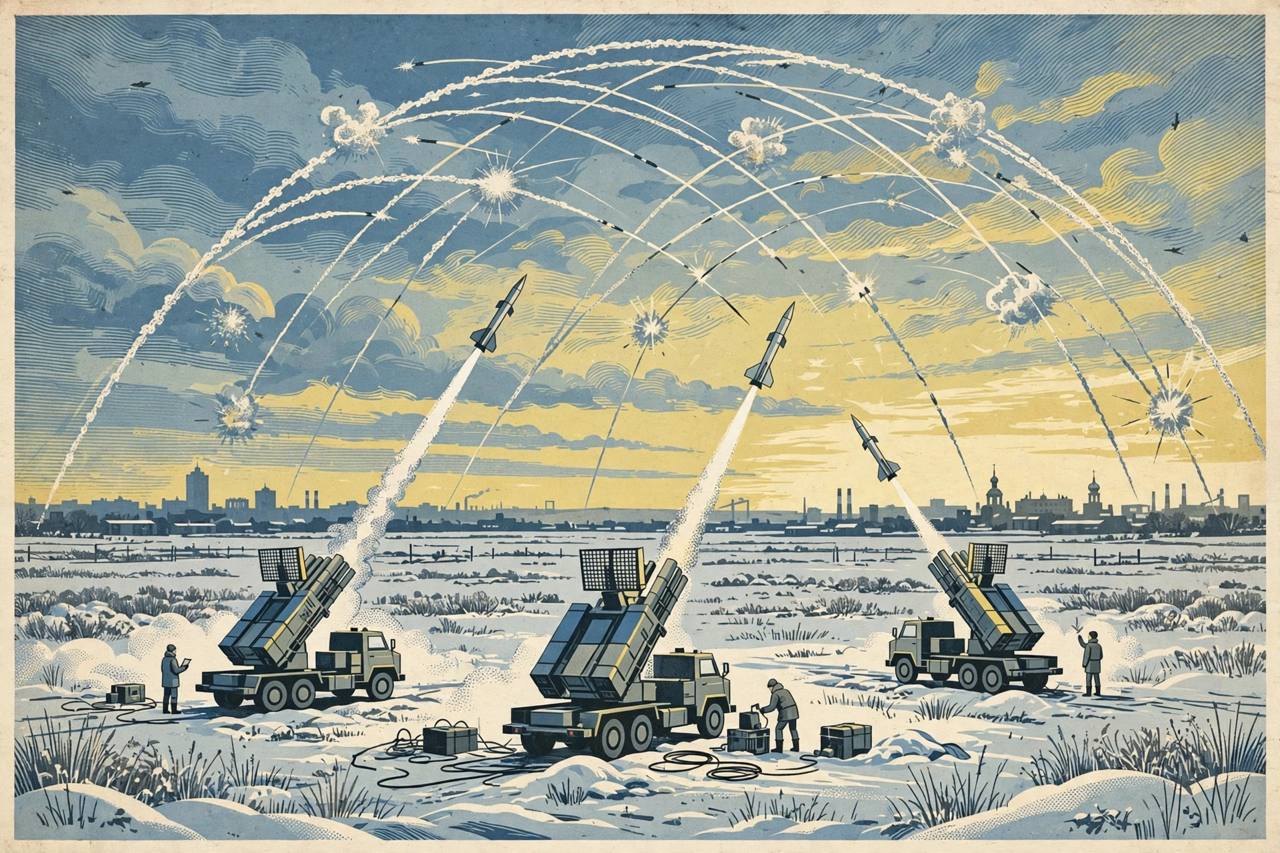 Editorial illustration of air-defence missile launchers on a snowy plain with interceptor trails over a distant city at dusk, flat style, generic figures only, no real person depicted