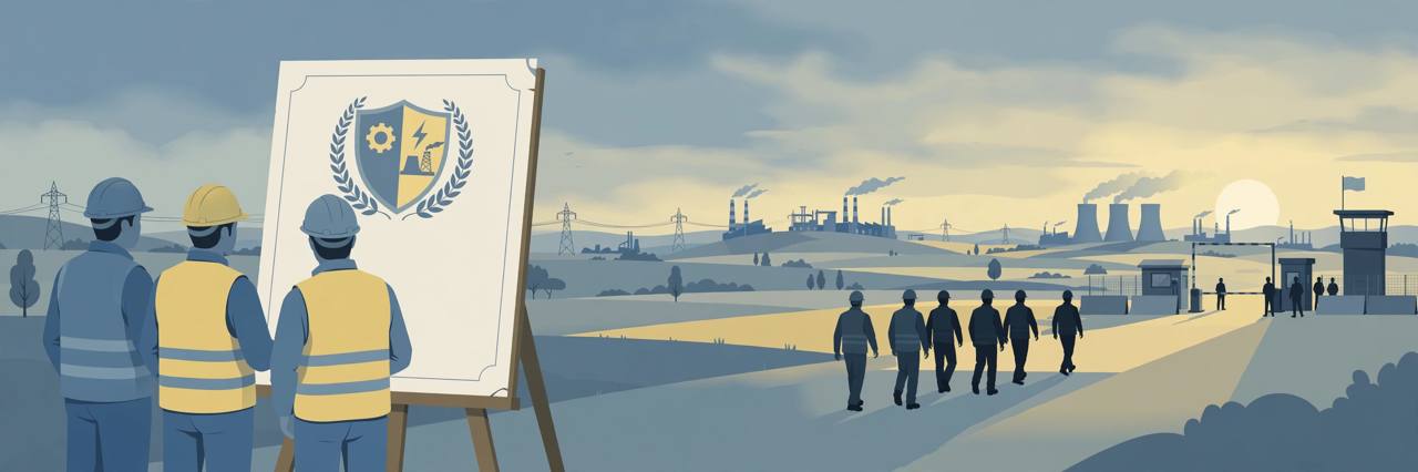 Editorial illustration of generic factory and power-plant workers beside an official document — flat style, no real person depicted