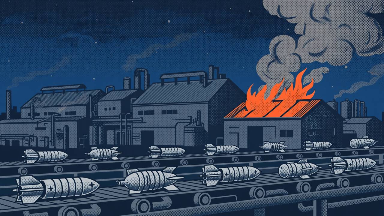 Editorial illustration of a generic industrial battery factory at night with fire and smoke rising from a workshop roof, with stylised battery cells in the foreground