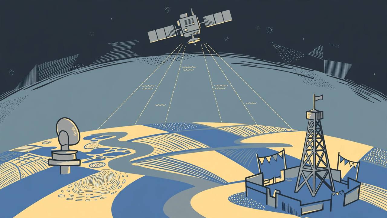 Editorial illustration of a generic communications satellite in orbit above a stylised landscape with signal beams to a ground antenna — no real satellite, place or person depicted