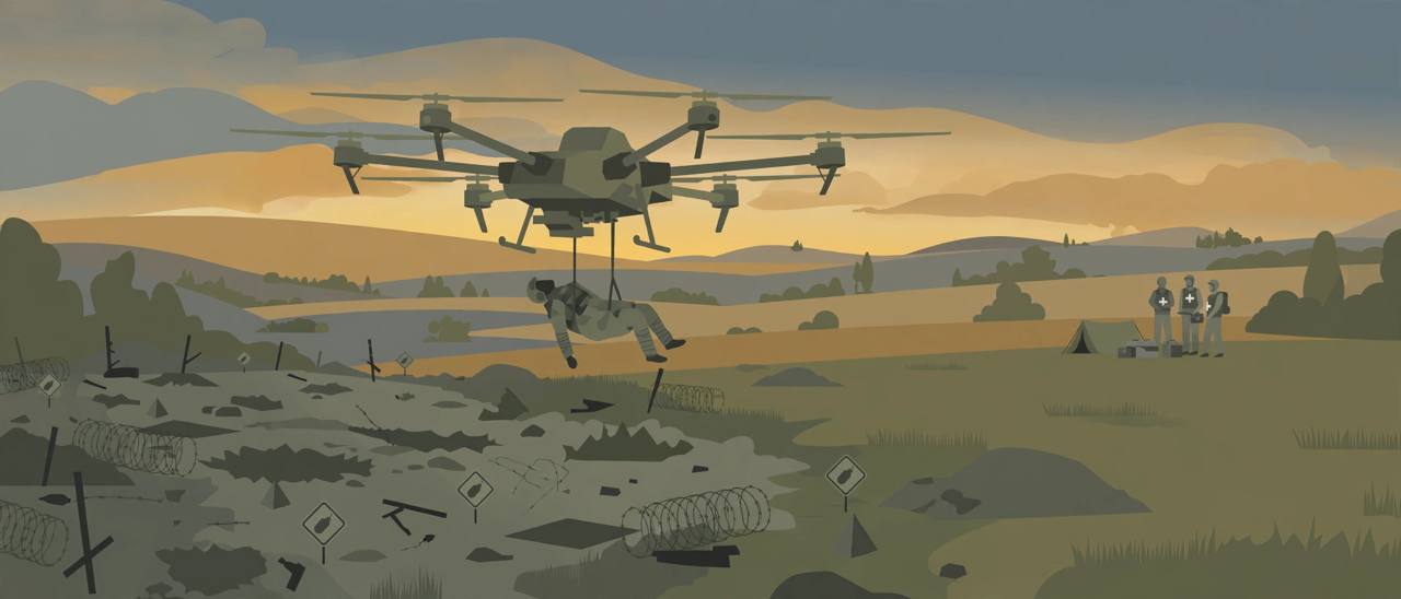 Editorial illustration of a heavy drone lifting a wounded soldier from a mined front-line position