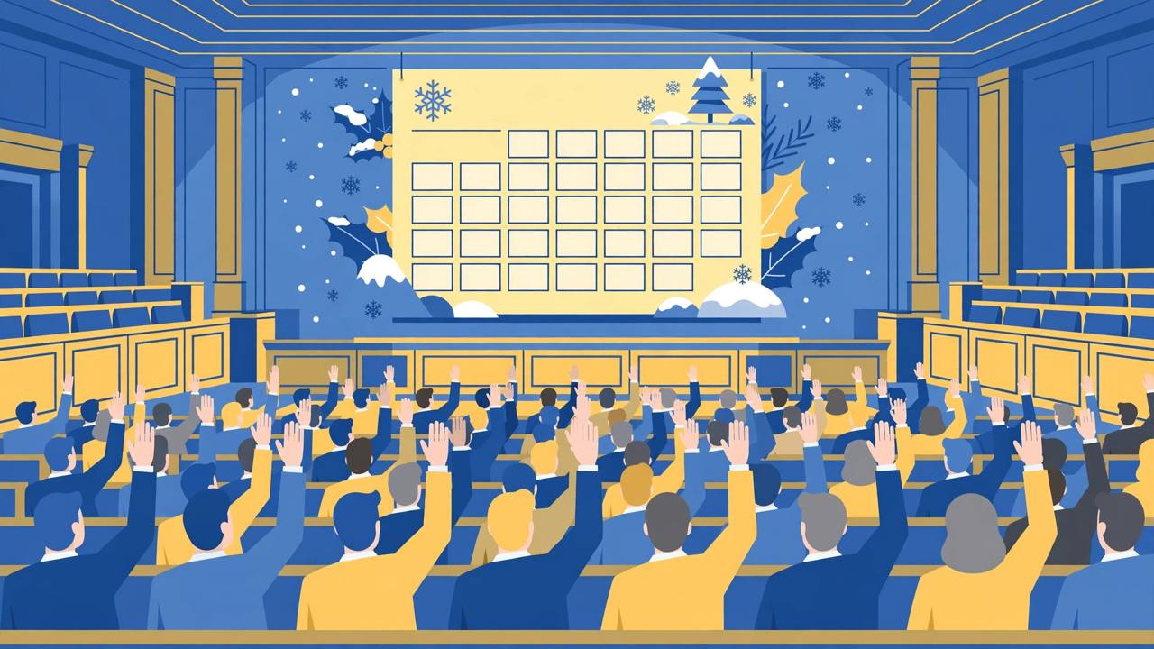 Editorial illustration of generic deputies raising hands to vote in a parliament chamber, with a large blank winter calendar page behind them