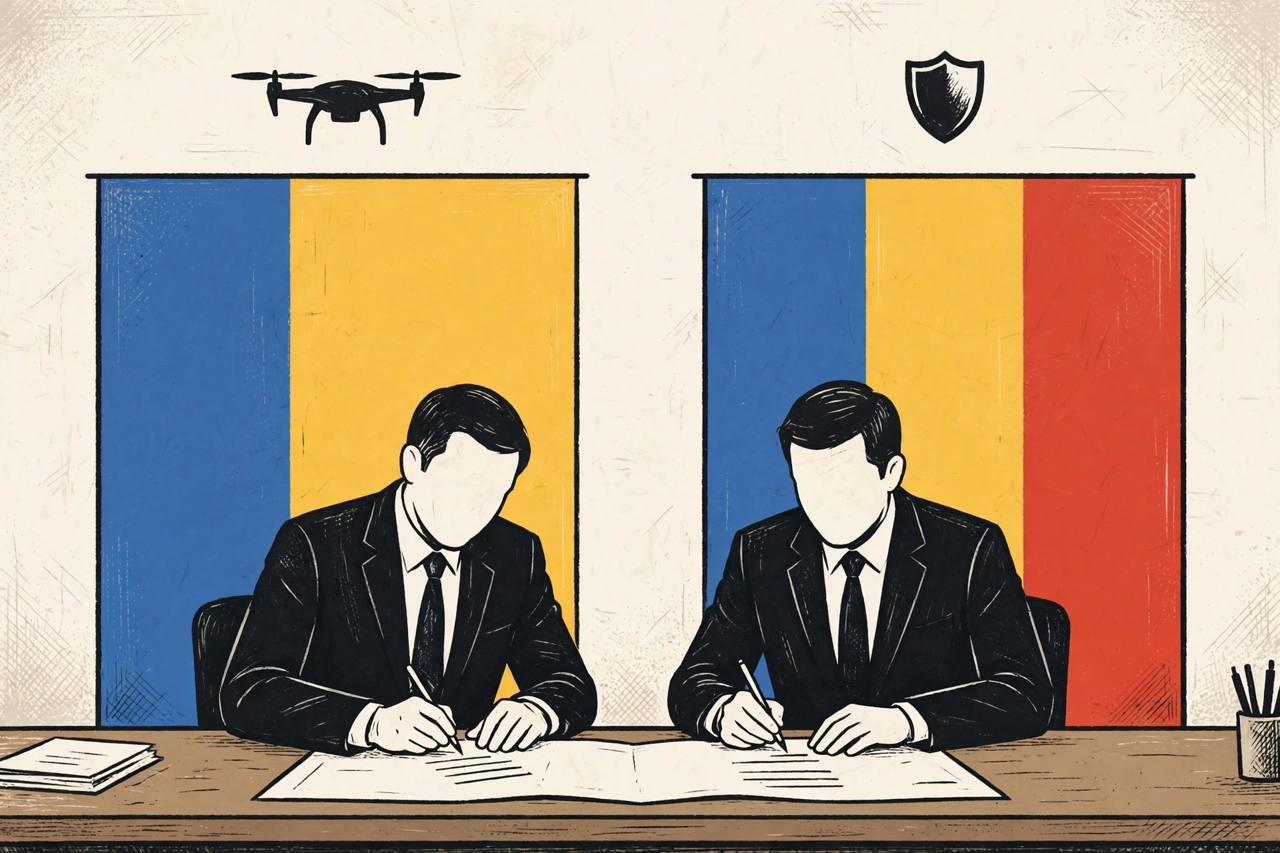 Editorial illustration of two generic officials signing a military cooperation document in front of Ukraine-coloured and Moldova-coloured panels, with a drone and shield symbol above