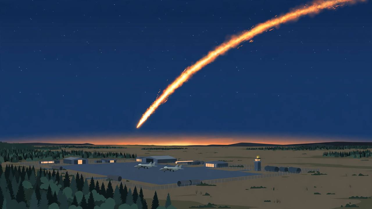 Editorial illustration of a missile streaking through the night sky toward a distant airfield with two generic fighter jets on the tarmac