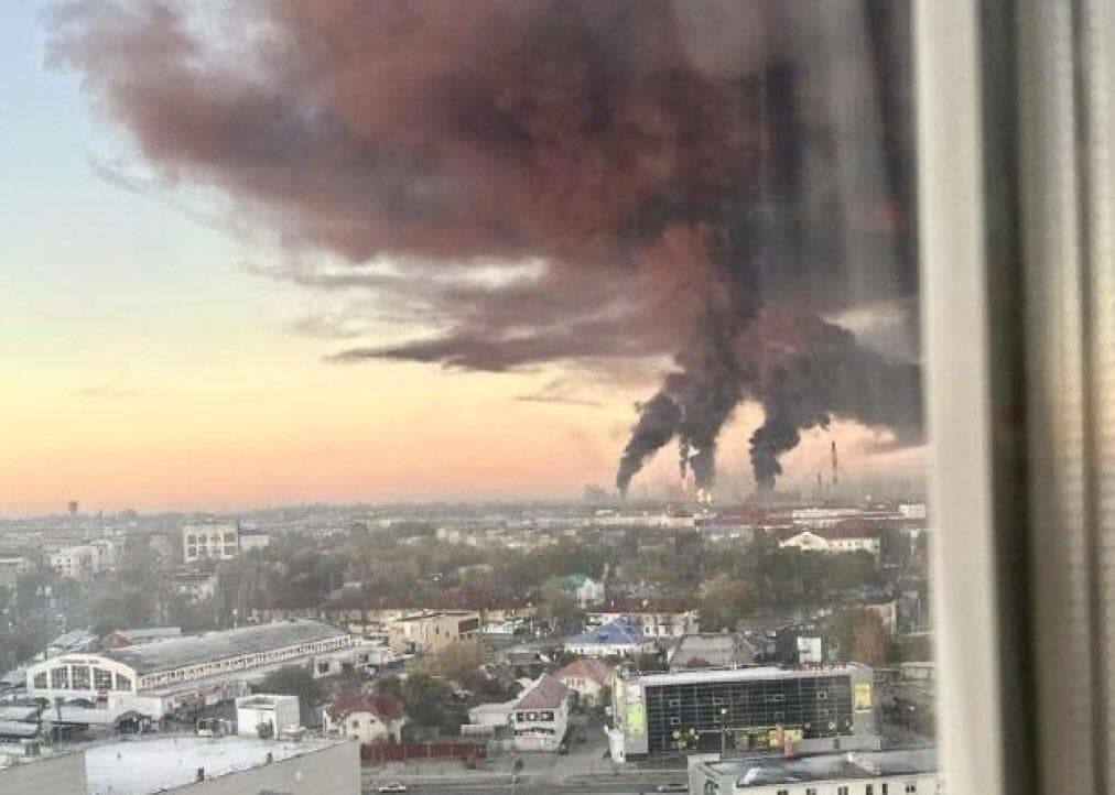 Columns of dark smoke rising over the Novokuibyshevsk refinery area in Russia's Samara region at dawn