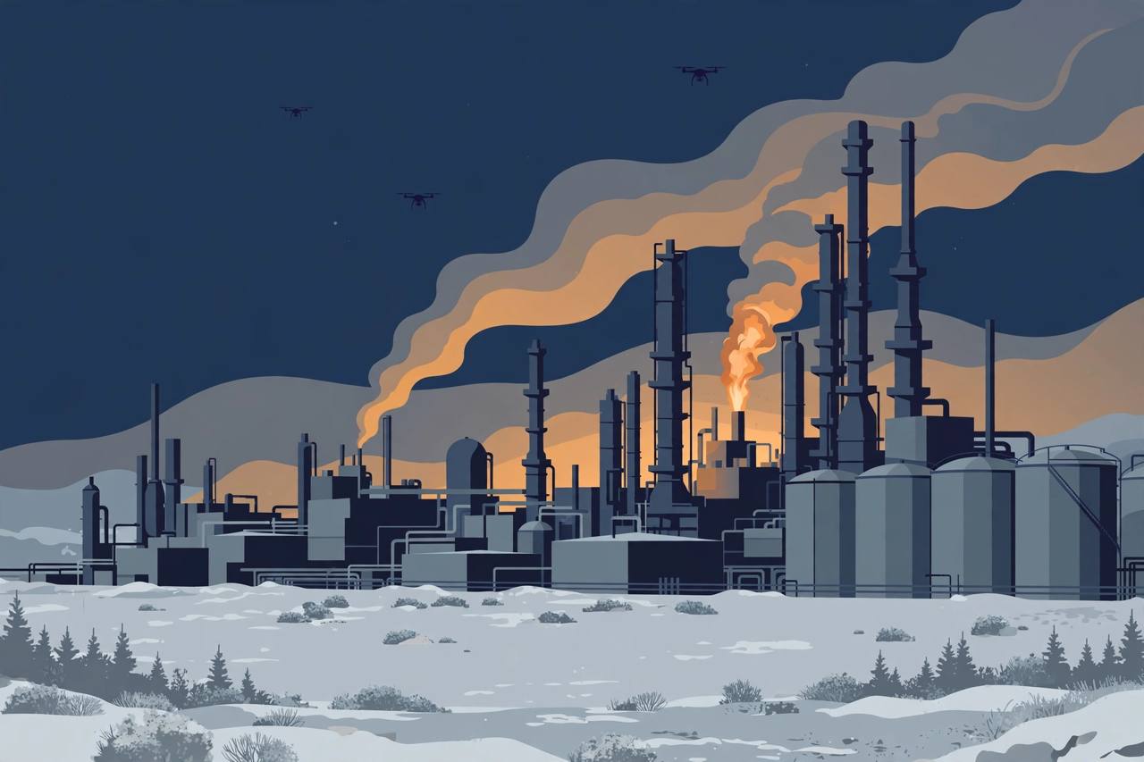 Editorial illustration of a petrochemical plant at night in Siberia with fire glow and drones in the sky