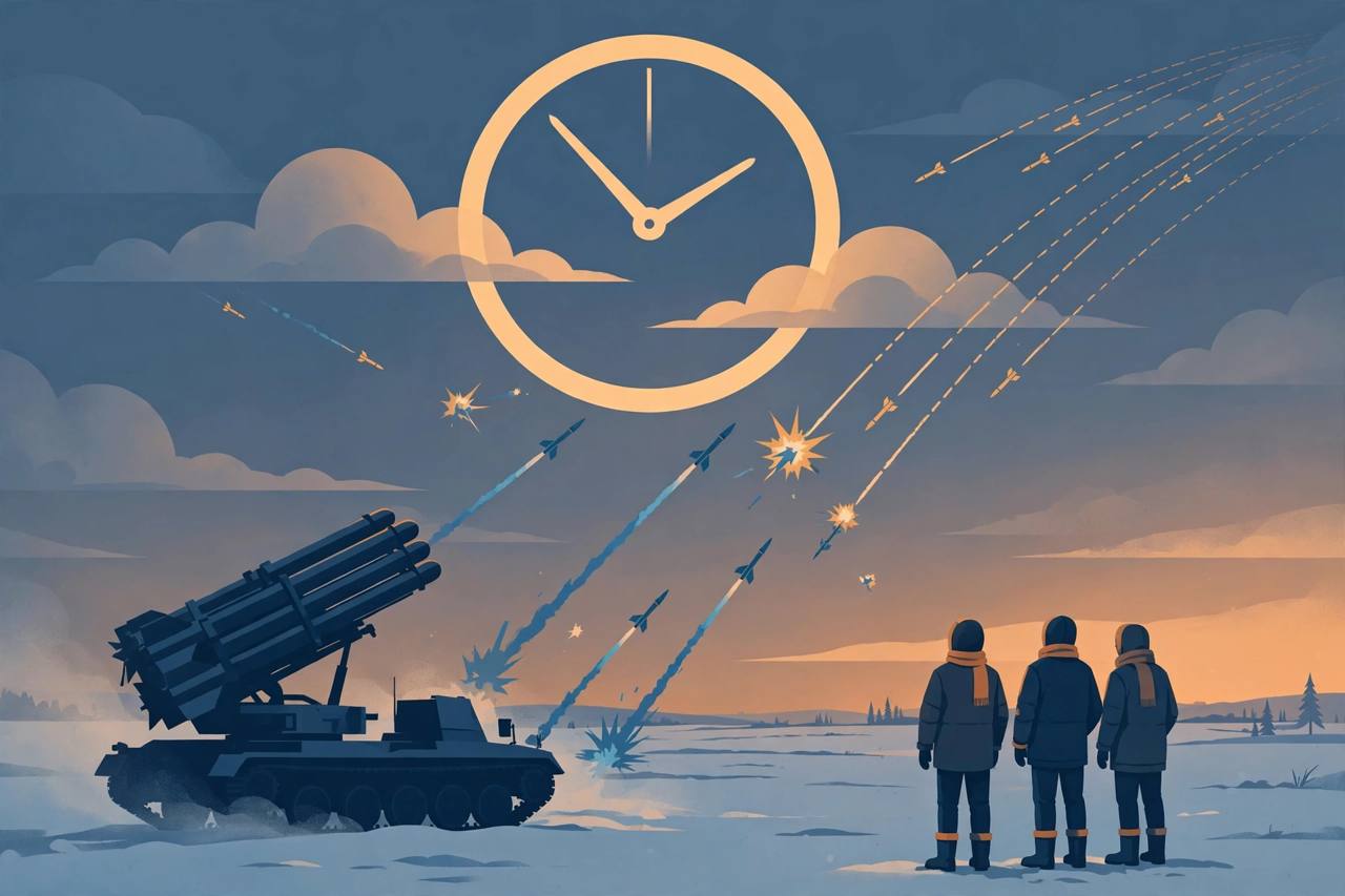 Editorial illustration of an air-defence launcher on a snowy plain under a large waiting clock, with distant intercepted missile trails