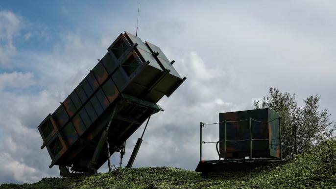File photo of a Patriot air-defence missile system launcher against a cloudy sky