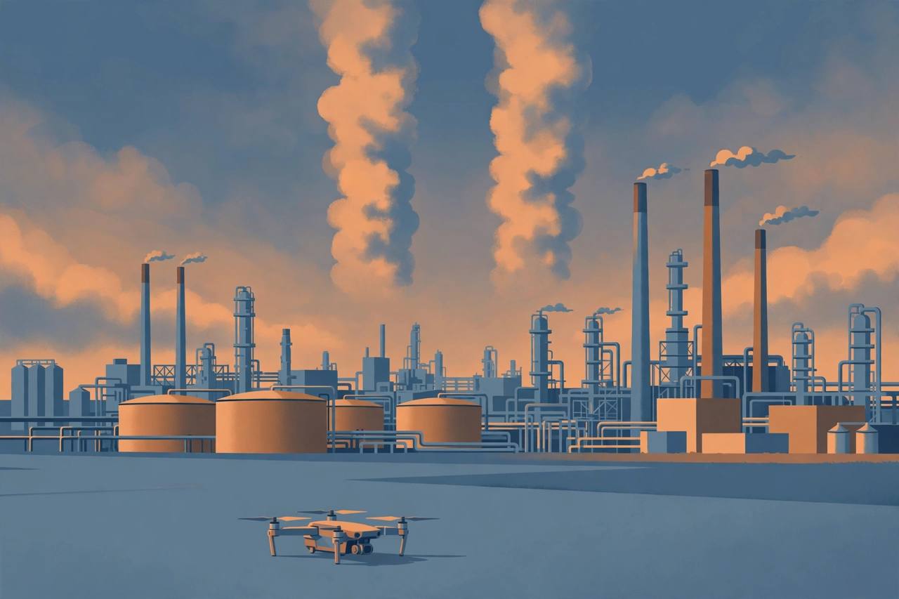 Editorial illustration of an oil refinery at dusk with a grounded drone in the foreground and two tall smoke columns forming a pause shape in the sky