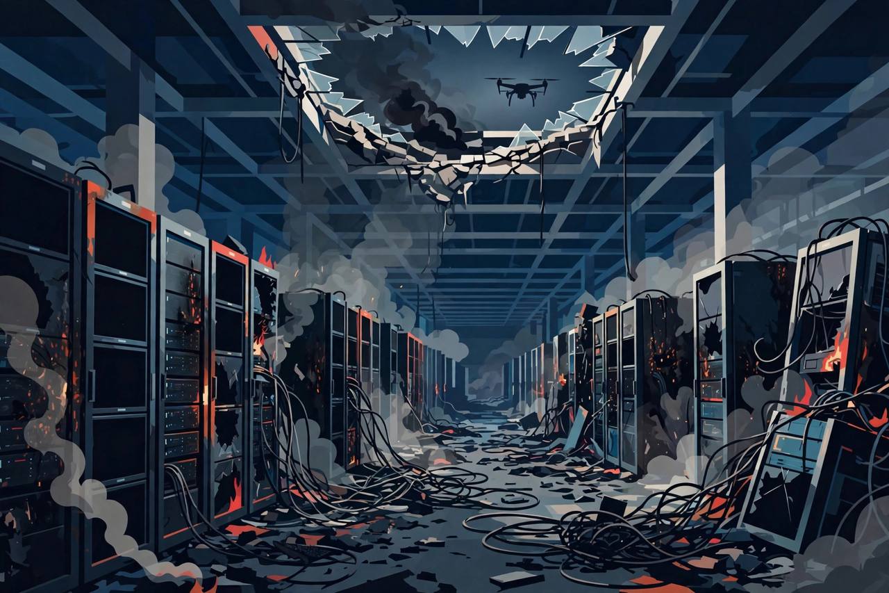 Editorial illustration of rows of large computer servers with scorch marks and smoke after a drone strike, flat style, no text, no real person's face or likeness