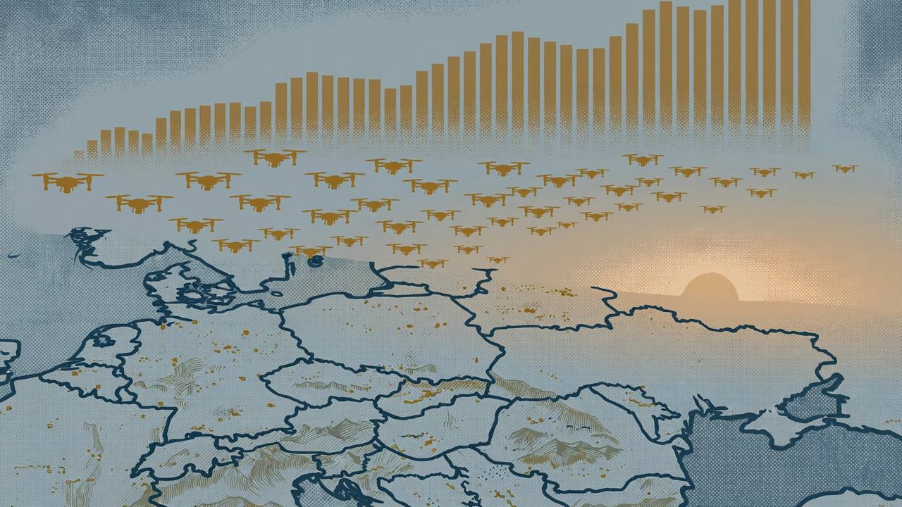 Drones in formation over a stylised map of Eastern Europe. (Editorial illustration)