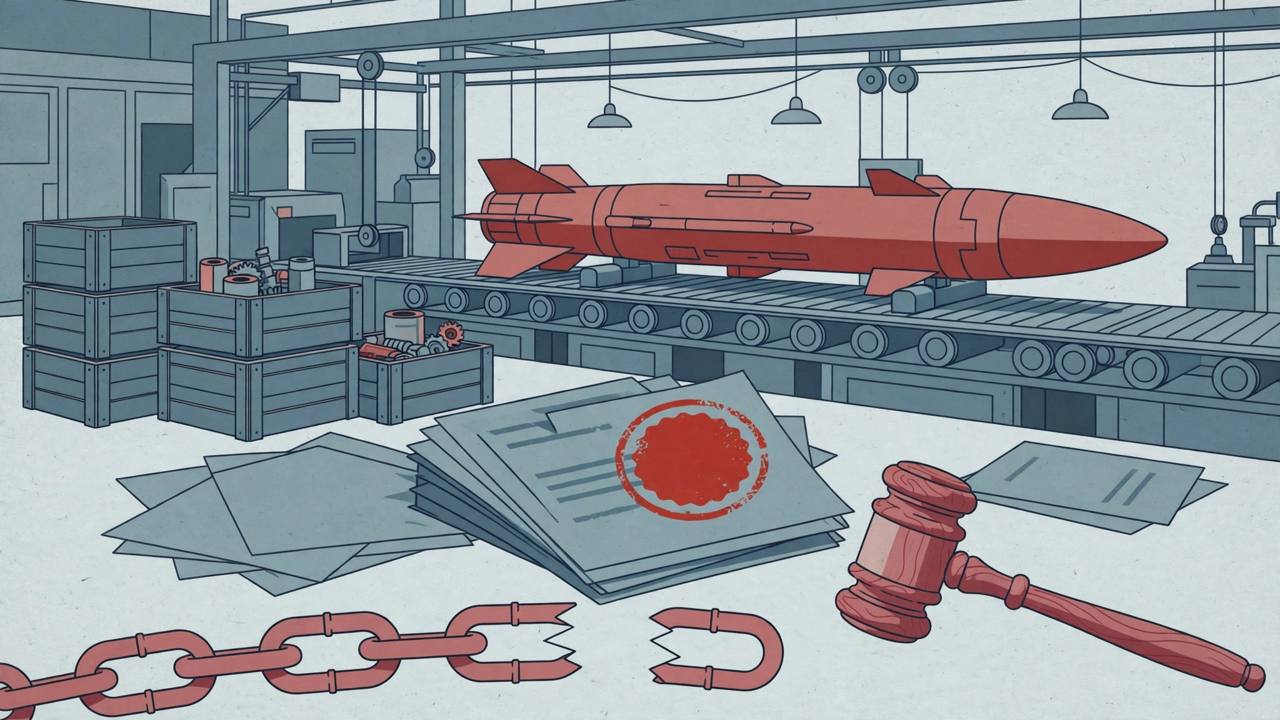 Editorial illustration of a ballistic missile on a factory assembly line with component crates, sanction documents and a broken supply-chain link