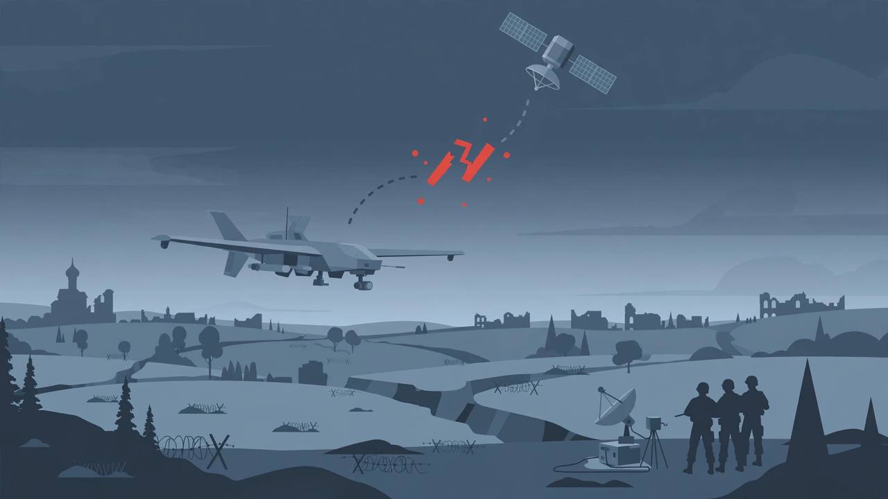 Editorial illustration of a drone losing its satellite link over a stylised battlefield, with generic soldiers beside a satellite terminal — flat style, no real person depicted