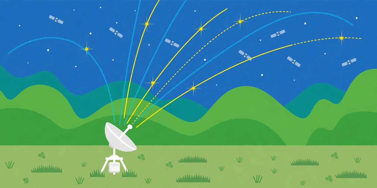 Editorial illustration of a satellite dish terminal in a field sending signal arcs up to a constellation of satellites — flat style, no real person depicted