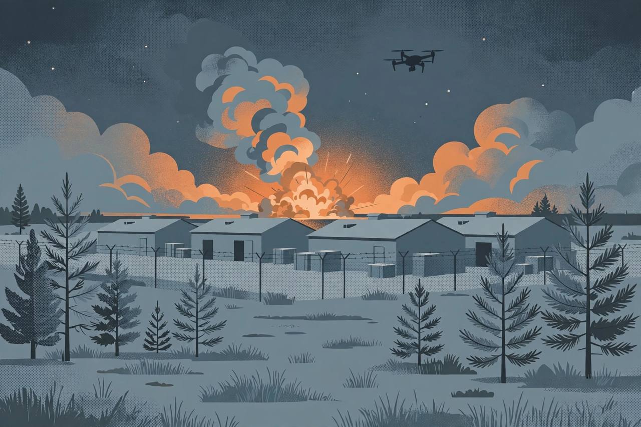 Editorial illustration of a military ammunition depot at night with warehouse buildings, a drone in the sky and a distant orange explosion glow