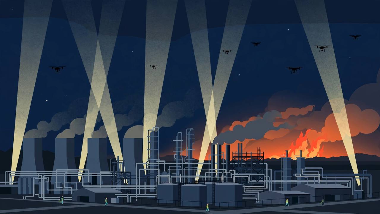 Editorial illustration of an industrial steel and chemical plant at night with fire glow, searchlights and small drone silhouettes