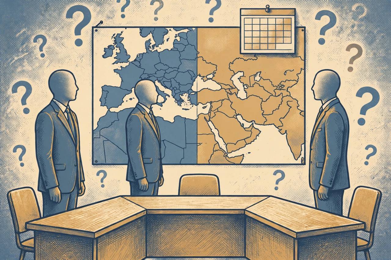 Editorial illustration of an empty three-sided negotiation table with generic faceless officials standing apart, looking toward a split map of Eastern Europe and the Middle East (Editorial illustration)