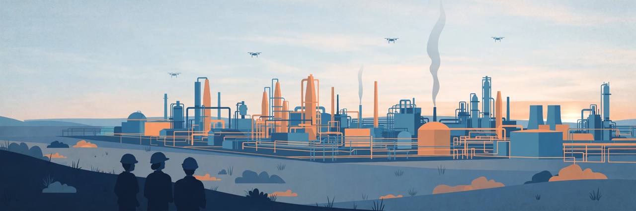 Editorial illustration of a petrochemical plant at dawn with a smoke plume and drone silhouettes, generic figures only