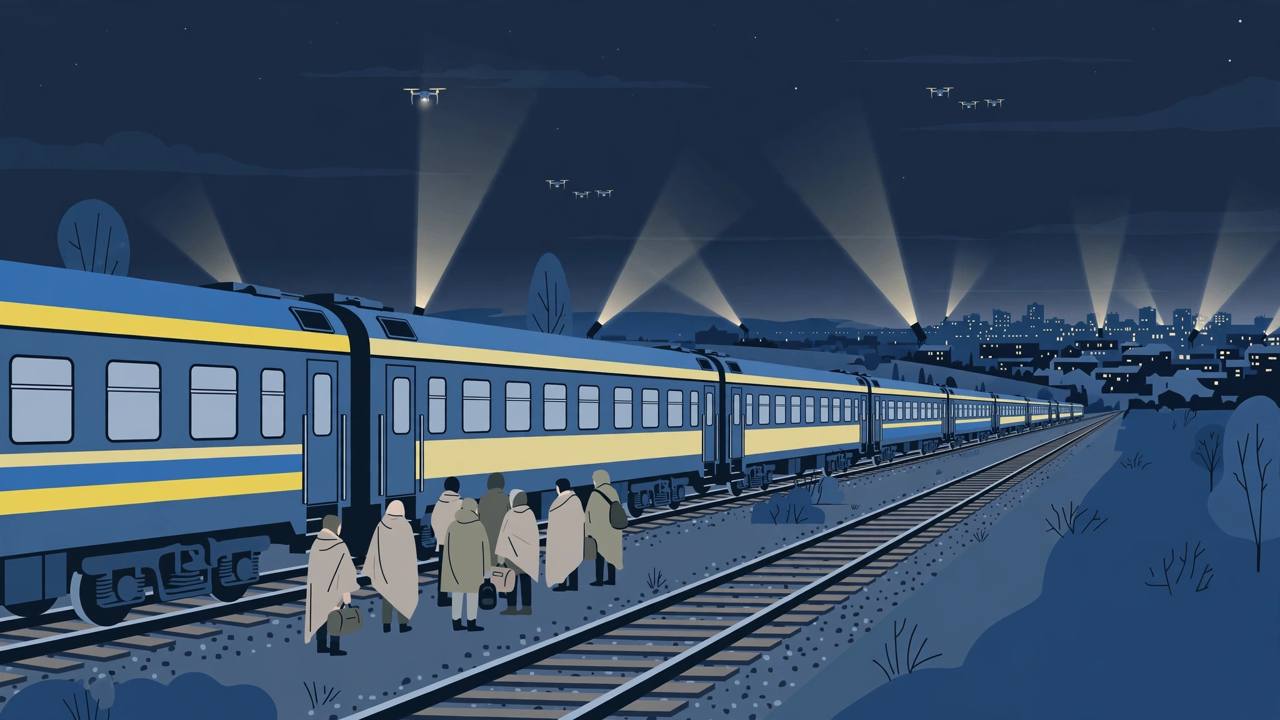 Editorial illustration of a passenger train stopped at night with generic passengers waiting beside it