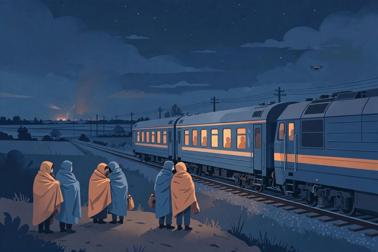 Editorial illustration of generic passengers in blankets beside a stopped passenger train at night during an air-raid evacuation, with a distant drone silhouette