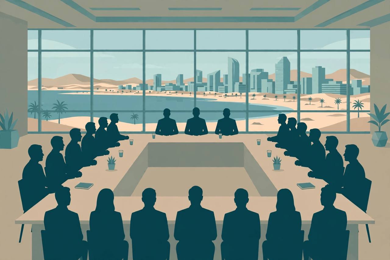 Editorial illustration of generic diplomats at a negotiation table in a Gulf city conference room, generic figures only