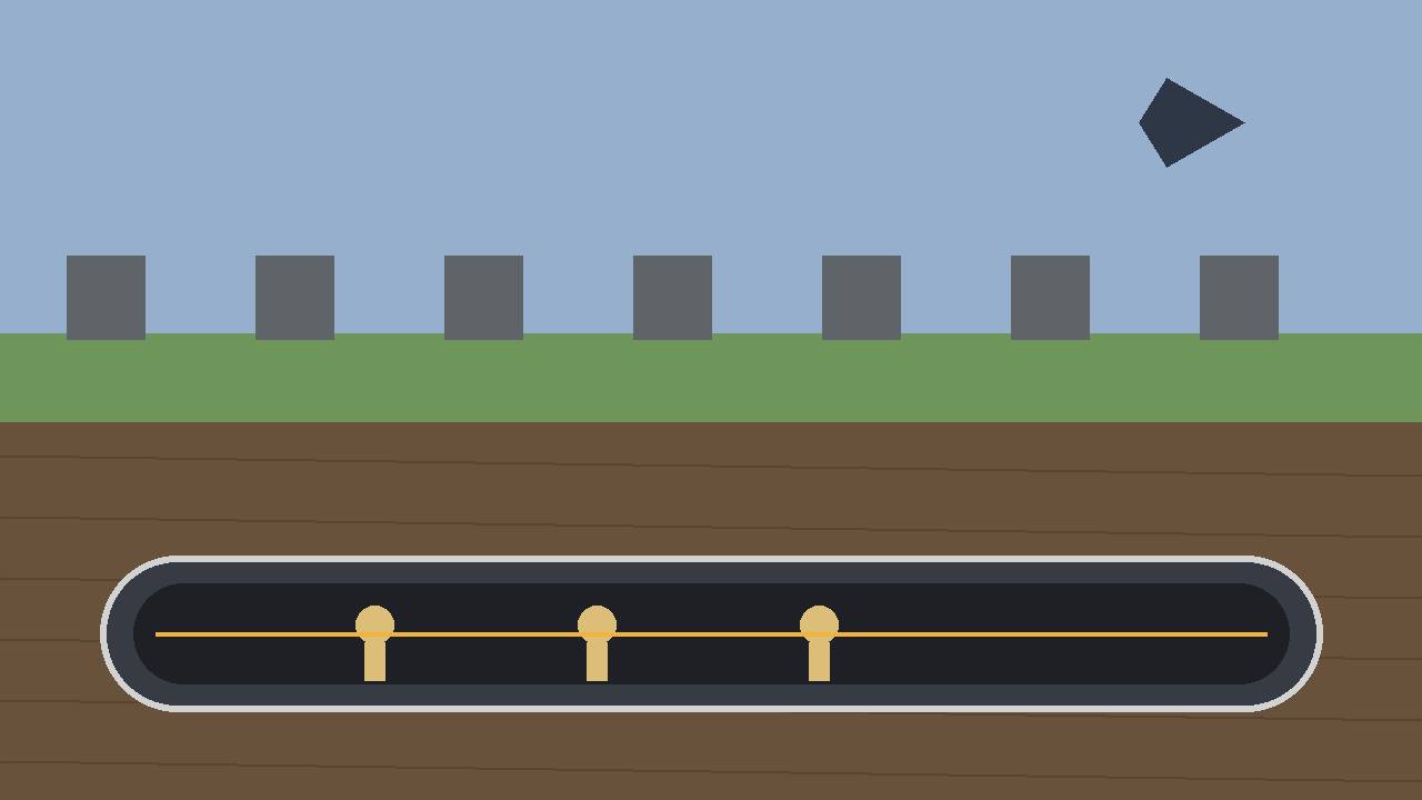 Editorial illustration cross-section showing a gas pipeline tunnel underground near Kupiansk with generic silhouettes, ruined blocks and a drone above ground