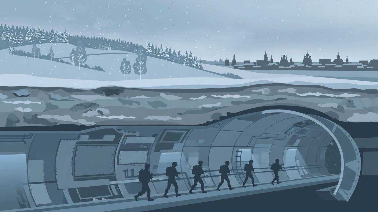 Editorial illustration of generic silhouetted soldiers moving through a large underground gas pipeline tunnel beneath a snowy northeastern Ukraine landscape, no real person depicted