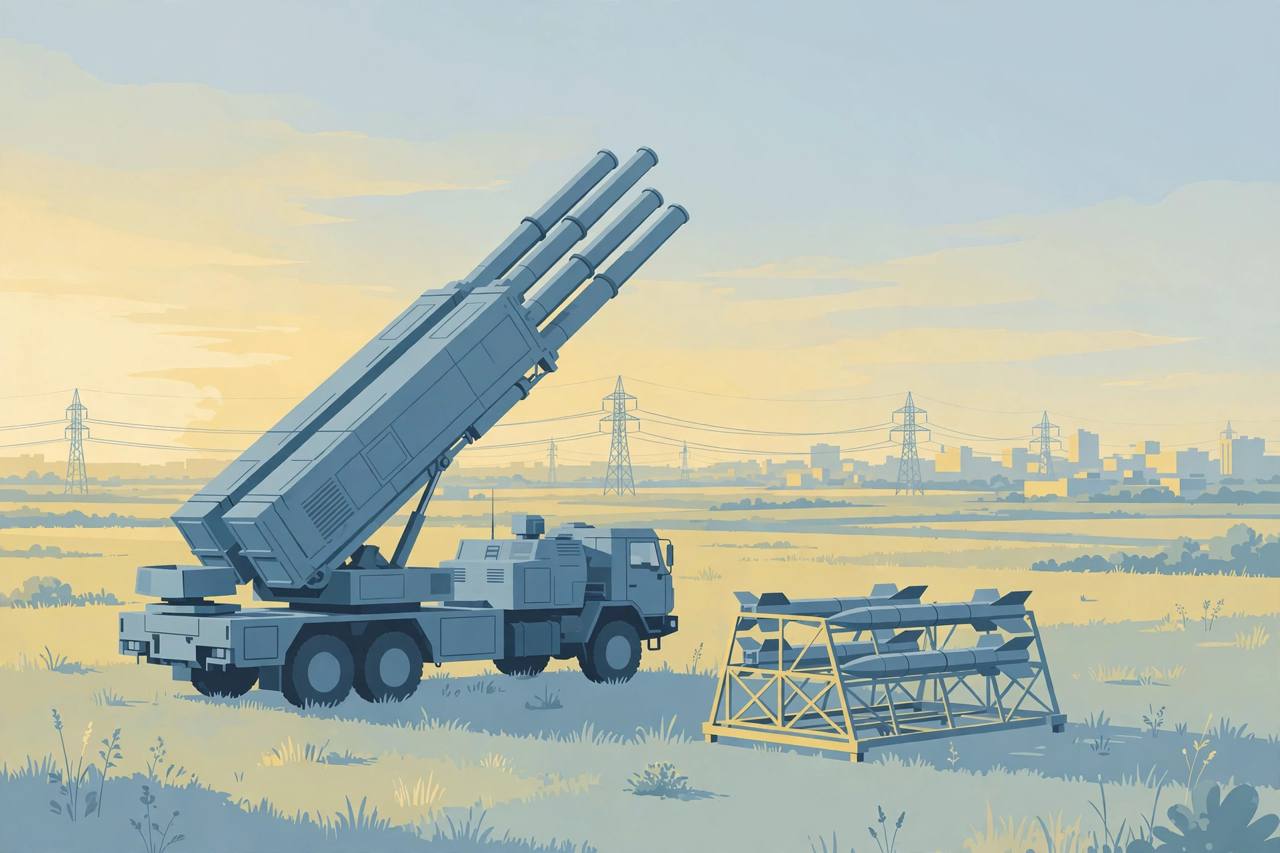 Editorial illustration of a generic Patriot air-defence battery on a Ukrainian plain at dawn with a nearly empty interceptor rack, distant city skyline and power lines - flat style, no real person depicted