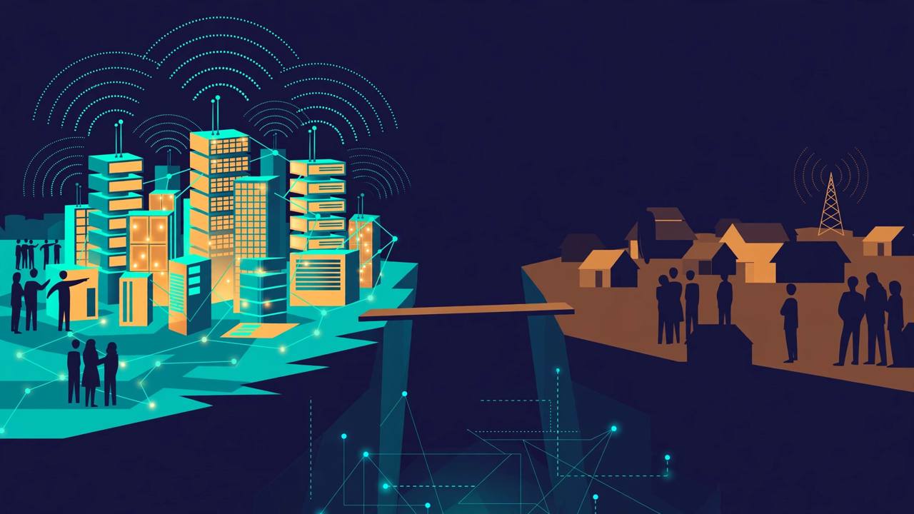 Editorial illustration of a glowing digital divide between a bright connected city with data-centre towers and a dimmer town with one weak signal tower, generic figures on both sides - flat style, no real person shown