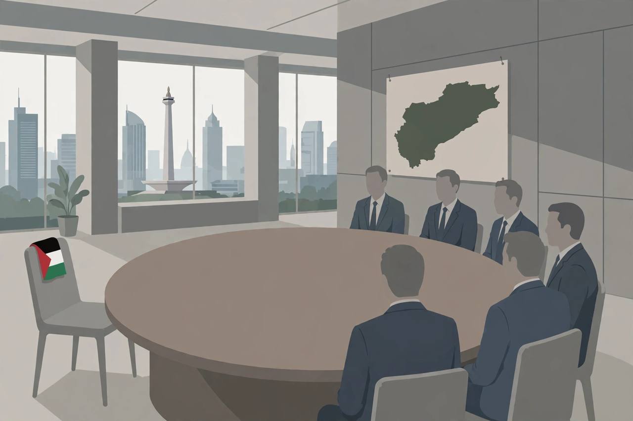 Editorial illustration of a round conference table in Jakarta with generic faceless diplomats, an empty chair with Palestinian flag colours, the Jakarta skyline and a map of Gaza on the wall, flat style, no text, no real person depicted