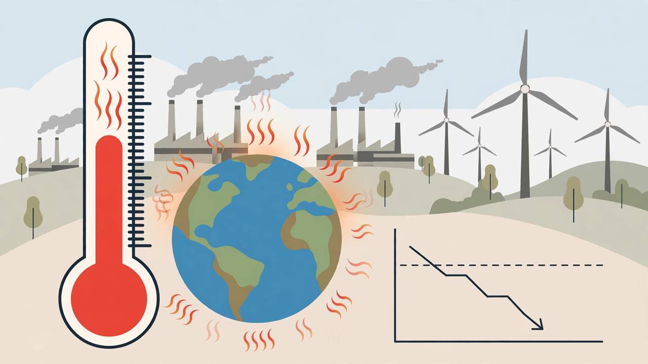 Editorial illustration of a rising thermometer beside Earth, factories and wind turbines, with a chart falling short of its target