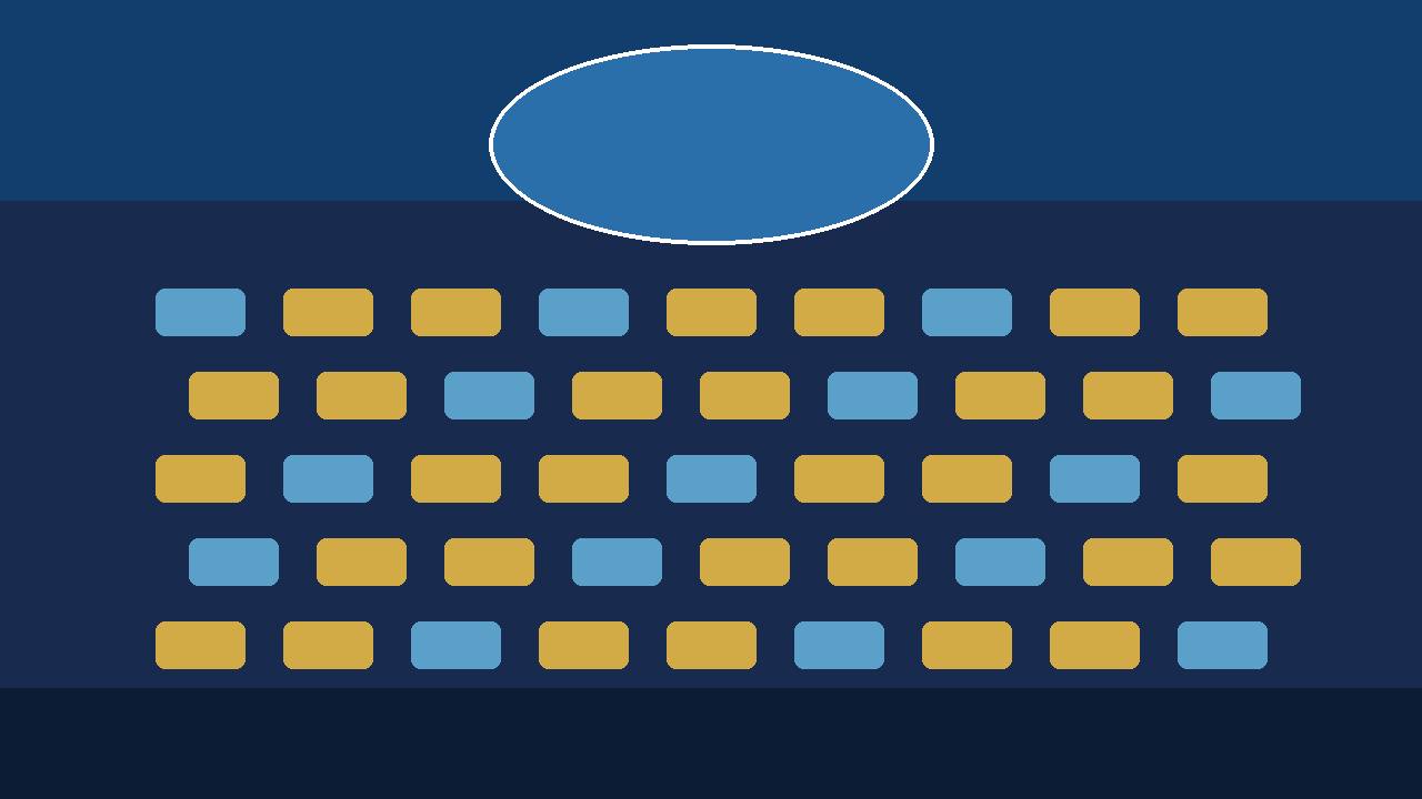 Editorial illustration of a United Nations assembly hall with rows of delegate seats and a voting display