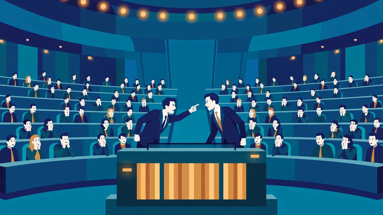 Editorial illustration of two diplomats facing off at a podium inside a large assembly hall as seated delegates react