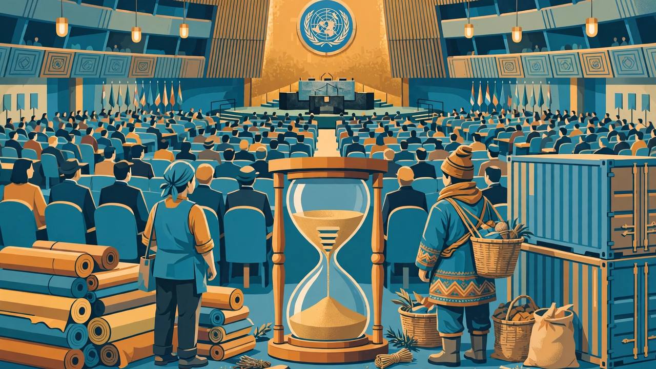 Generic delegates in a UN General Assembly hall with a garment worker and a Himalayan farmer beside export containers and an hourglass marking three more years. (Editorial illustration)