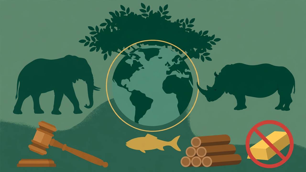 A globe with wildlife, timber and a gavel, symbolising a global environmental crime treaty (editorial illustration)