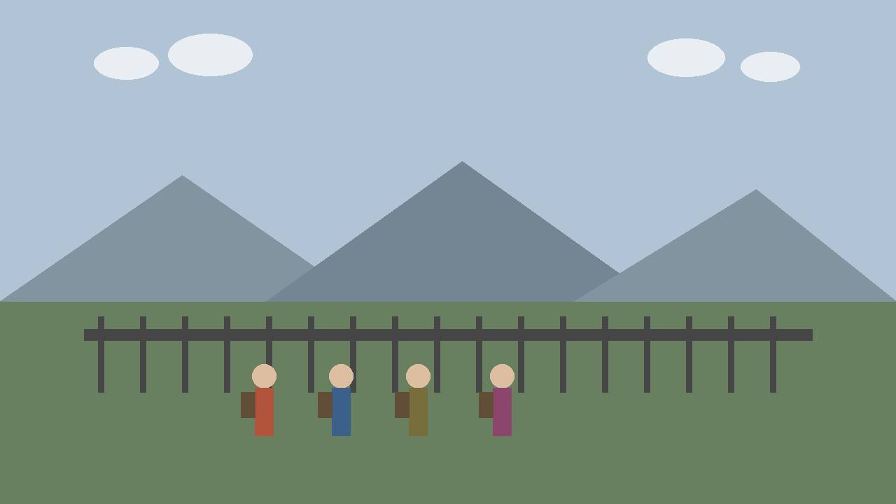 Editorial illustration of generic figures with bundles walking near a border fence below mountains — no real person, place or incident depicted