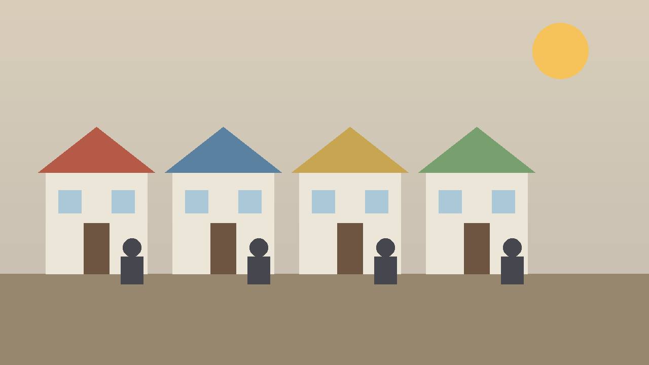 Editorial illustration of a row of generic simple homes with generic silhouetted figures — no real place or person depicted