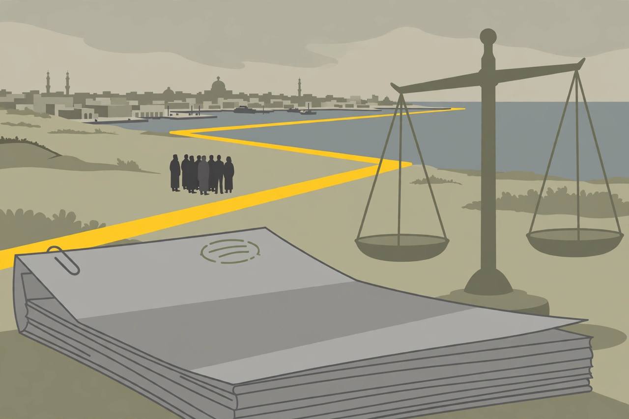 Editorial illustration of a coastal city with a yellow demarcation line across the land, an official report document and scales of justice in the foreground