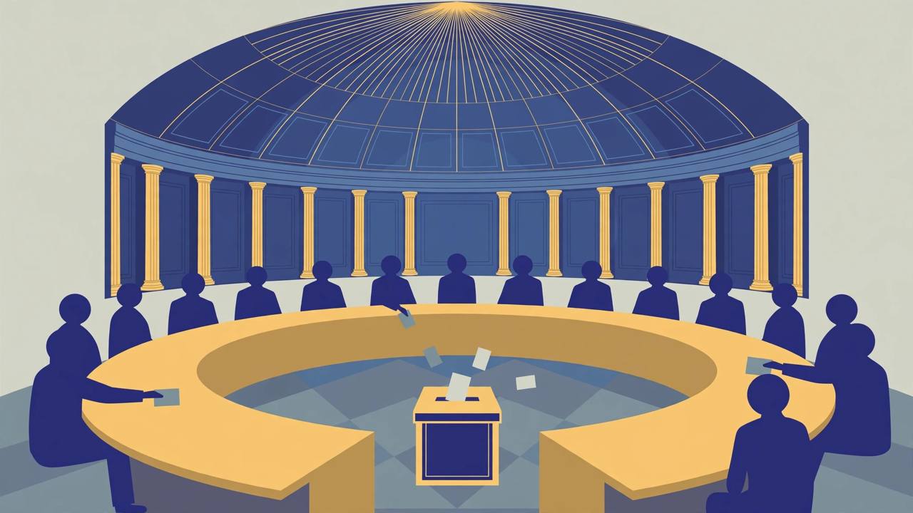 Editorial illustration of a semicircular council chamber with fifteen delegate silhouettes placing blank ballot papers into a ballot box
