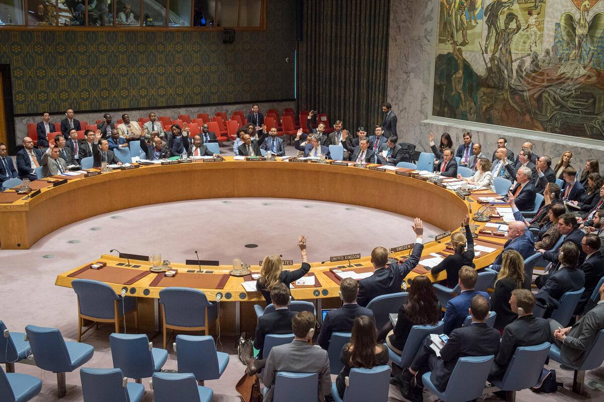 Members vote in the UN Security Council chamber in New York