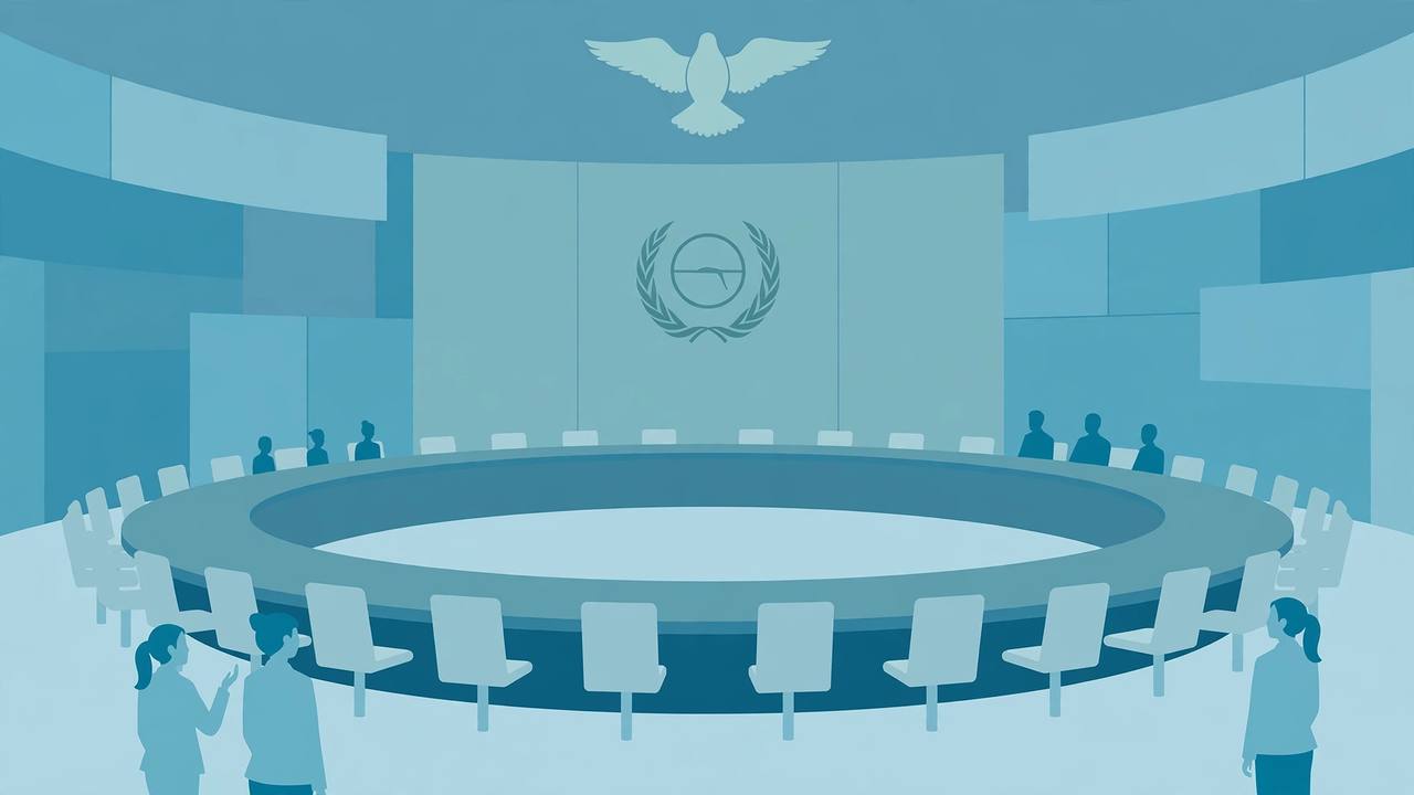 Editorial illustration of a UN-style council chamber with a mostly empty negotiating table and generic women figures waiting to be seated