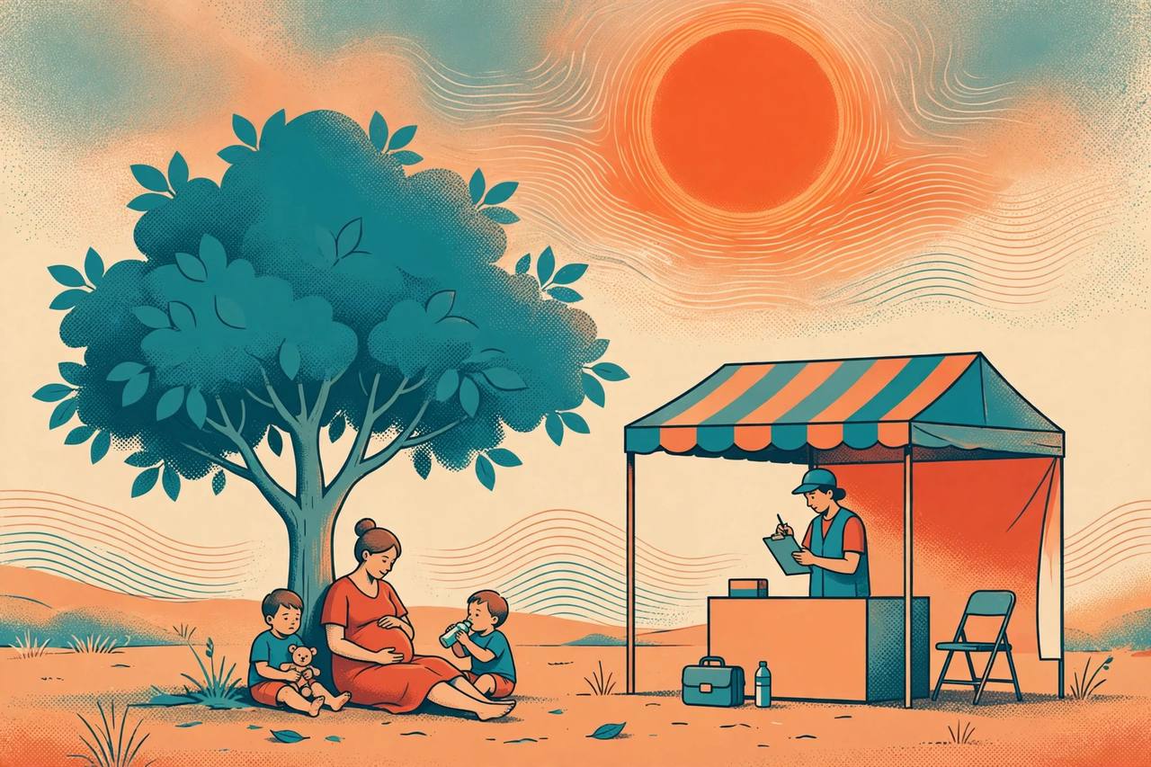 Editorial illustration of a pregnant woman and children resting in shade during a heatwave while a health worker checks on families