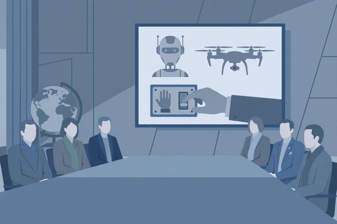 Editorial illustration of generic diplomats around a UN-style conference table with a generic robot and drone on a screen, flat editorial style, no text, no real people