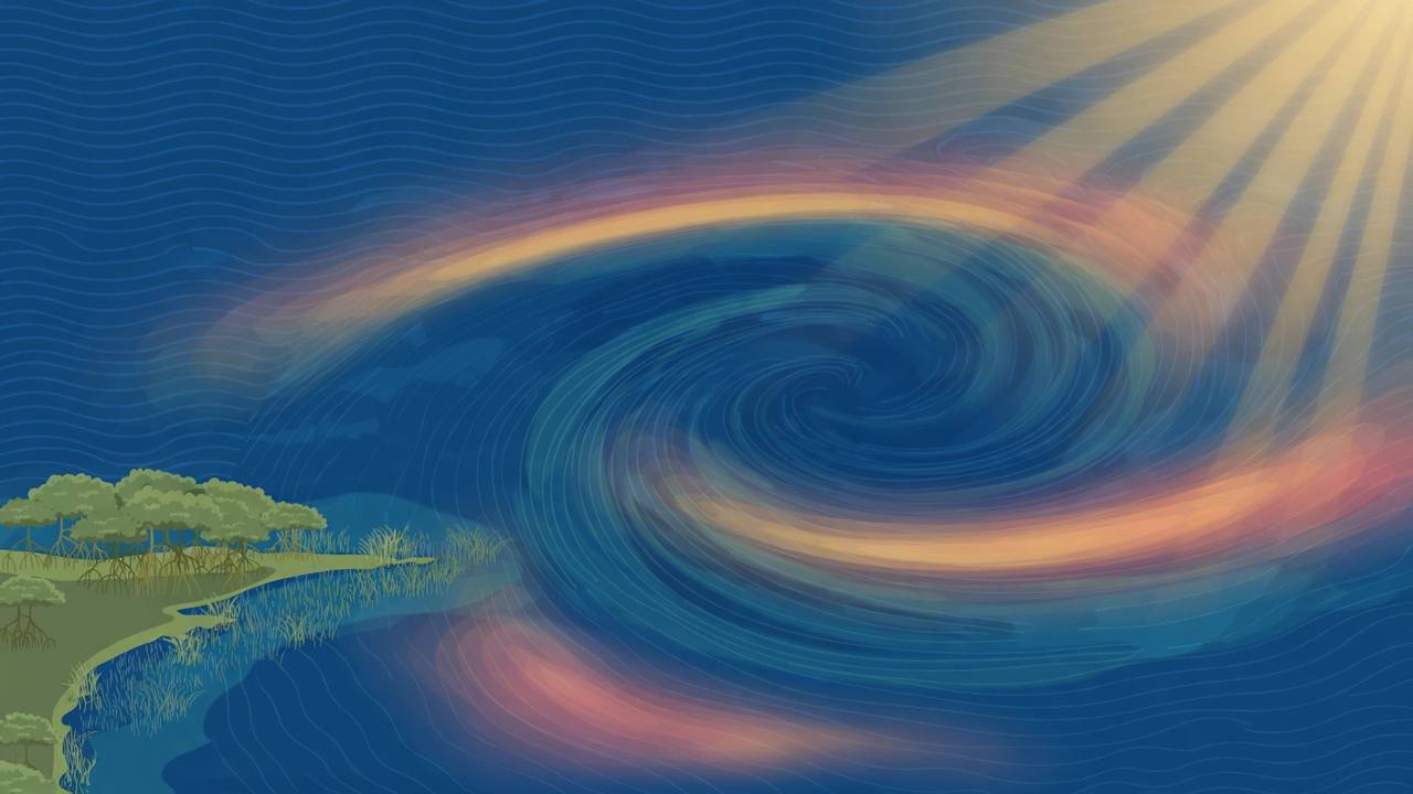 Editorial illustration of a vast blue ocean with waves, a mangrove and seagrass coastline and warm sunlight over the water