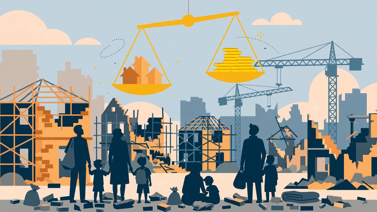 Editorial illustration of displaced families before half-rebuilt homes with a scale weighing houses against coins