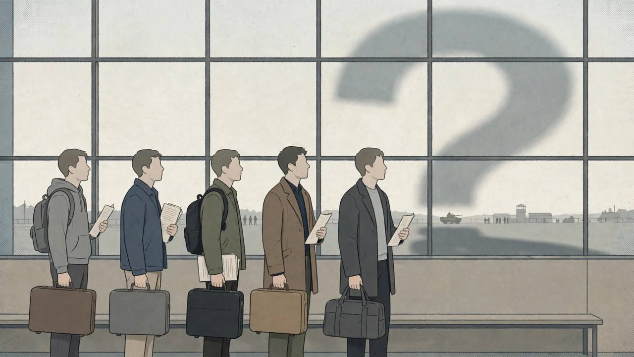 Flat editorial illustration of generic young job-seekers with suitcases and paper contracts at a departure hall, no real person depicted. (Editorial illustration)