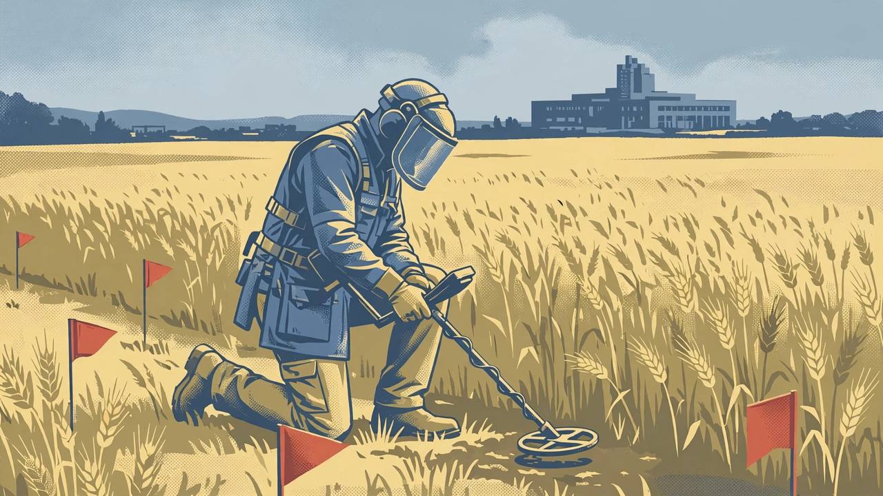 Editorial illustration of a generic demining specialist in a blue protective vest and visor probing a wheat field with a metal detector, with red warning markers and a distant headquarters silhouette