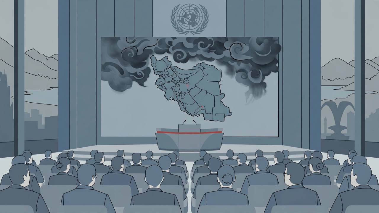 Editorial illustration of a United Nations assembly hall with delegates facing an empty podium, with storm clouds over a stylised map of Iran