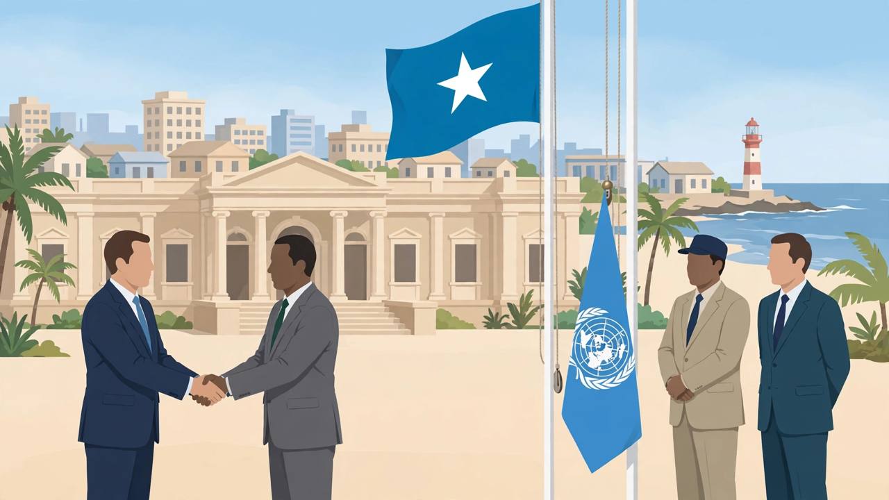 Editorial illustration of a handover ceremony in Mogadishu with a Somali flag and a UN flag being respectfully lowered