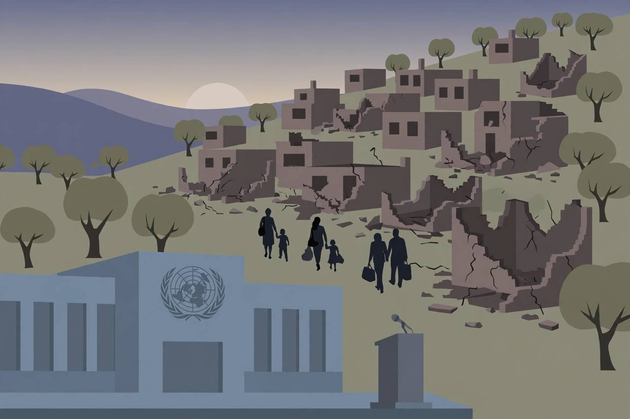 Editorial illustration of generic families leaving damaged homes in a hillside West Bank city, with a UN podium in the foreground